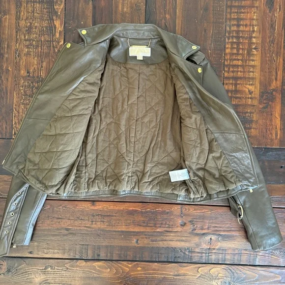 MICHAEL Michael Kors dark olive brown lamb leather moto jacket size S. EUC. - Picture 6 of 8